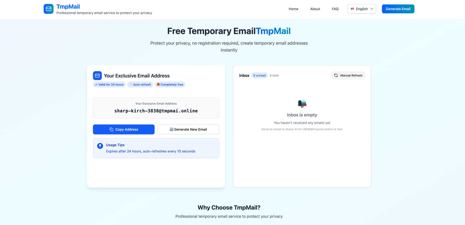 Tmp Mail application interface and features