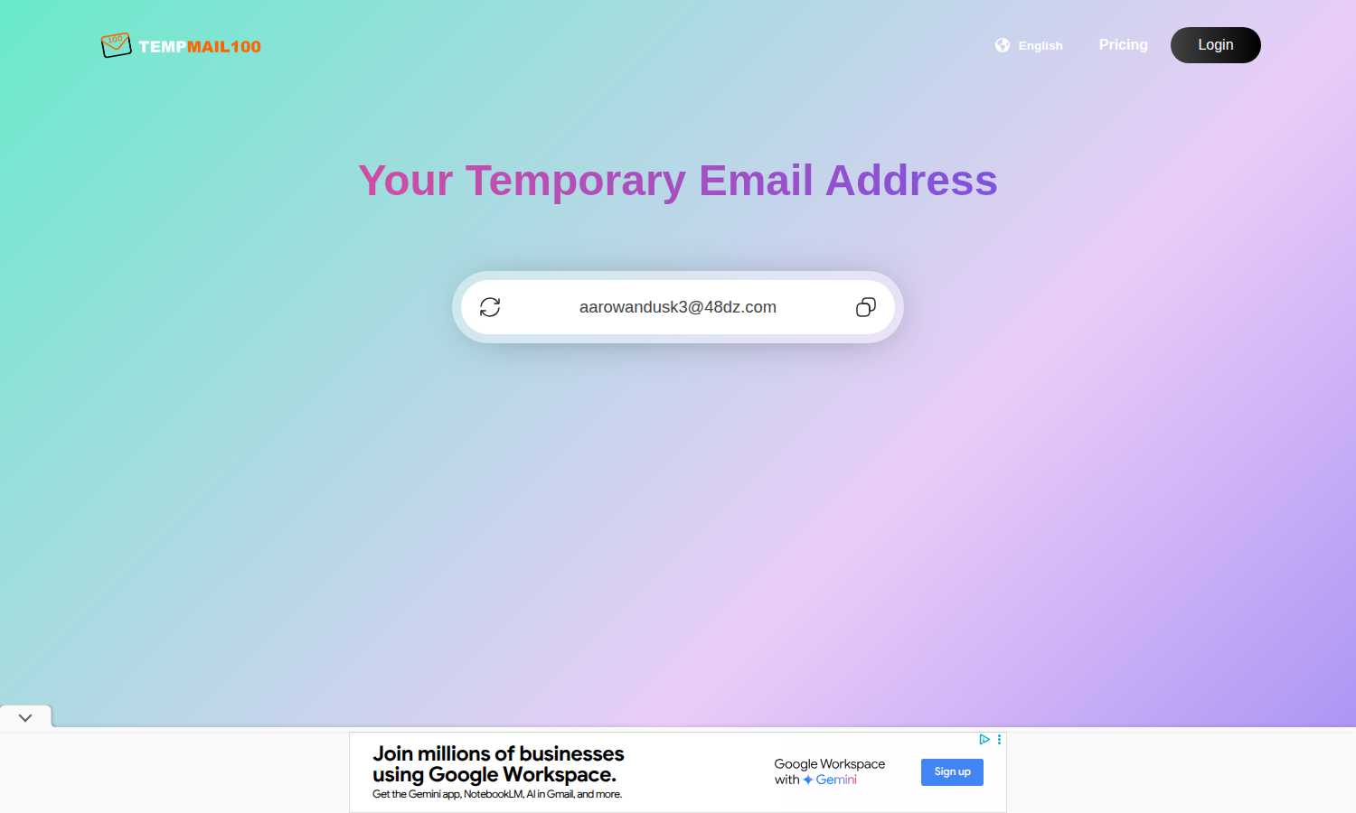 Temp Mail application interface and features