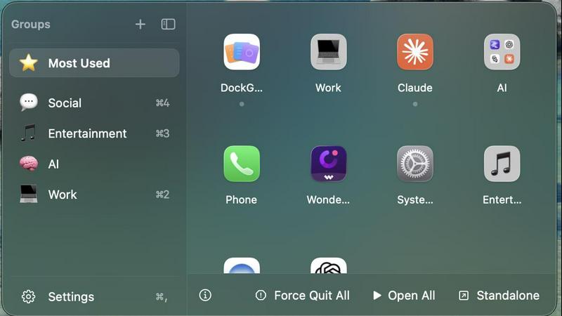 DockGroups application interface and features