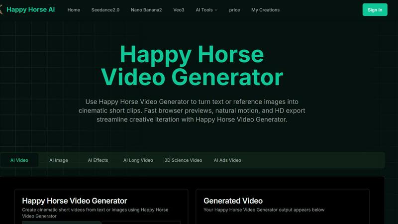 Happy Horse AI Video Generator application interface and features