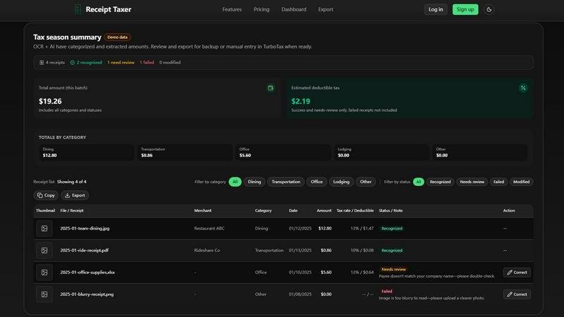 Receipt Taxer application interface and features